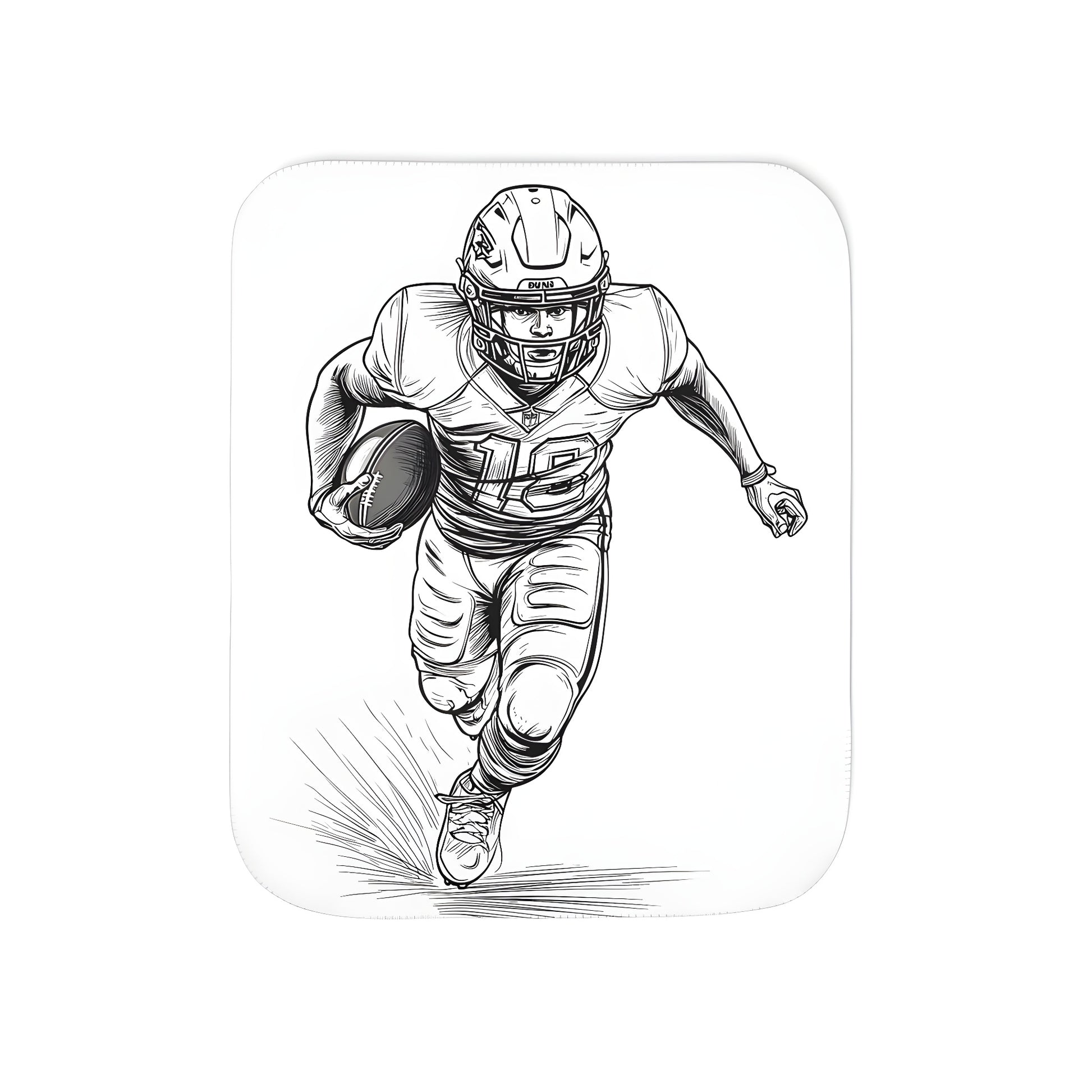 Cozy blanket with a black and white sketch of an athlete running with football