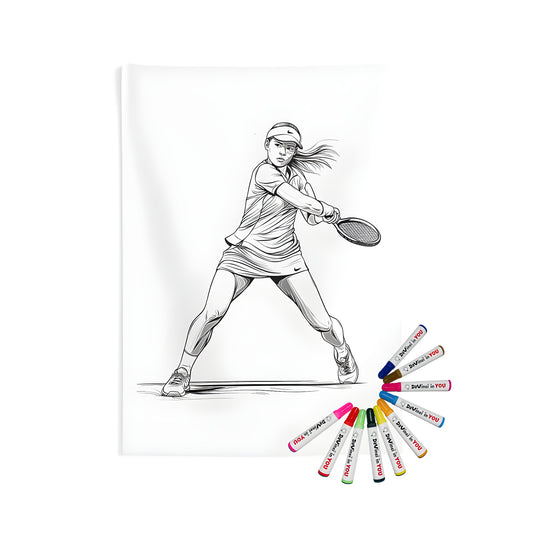 Tennis themed wall tapestries for indoor decor with coloring kit and fabric markers