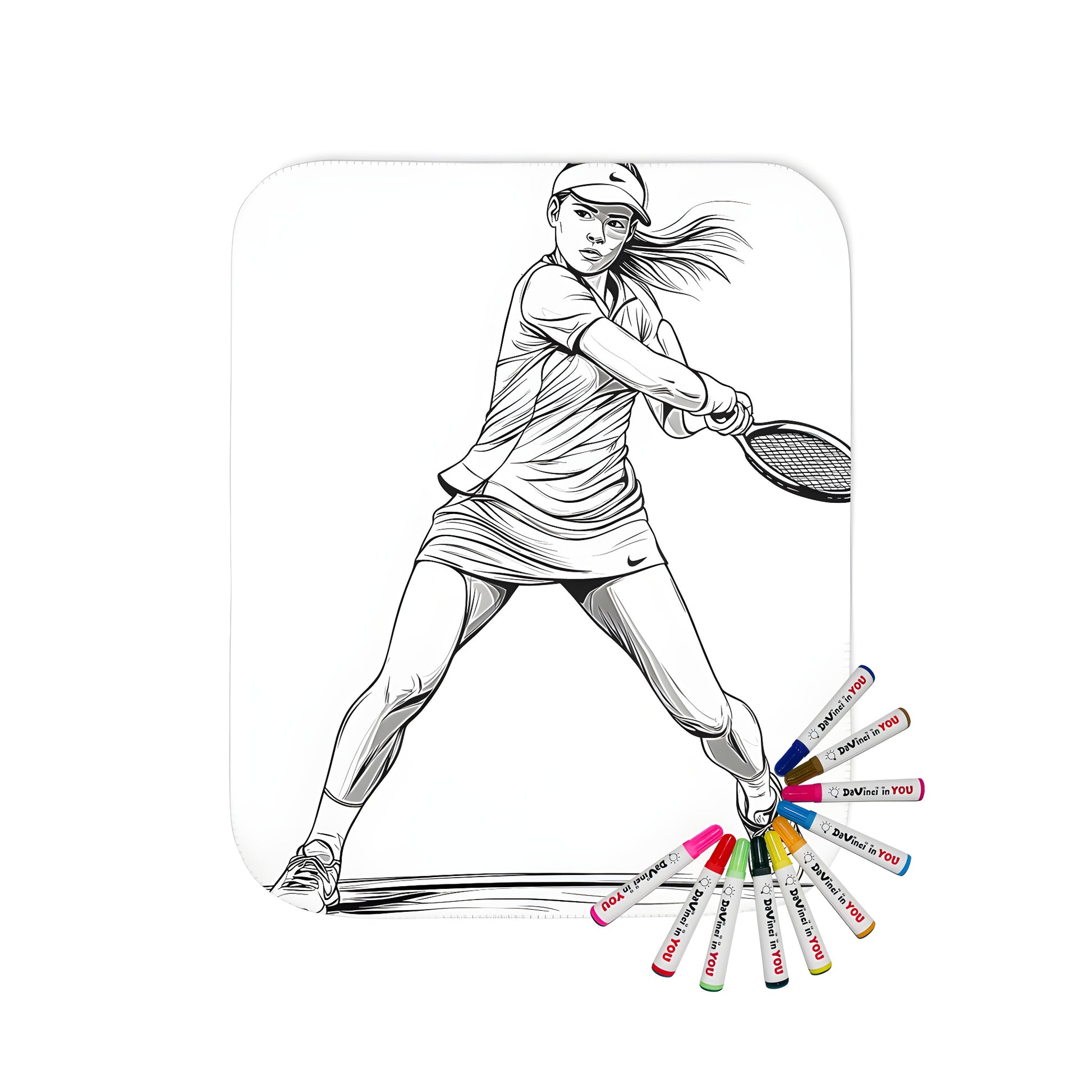 Blanket coloring kit with fabric markers, featuring a detailed black and white line drawing of a female tennis player in action, perfect for sports fans and tennis enthusiasts alike.