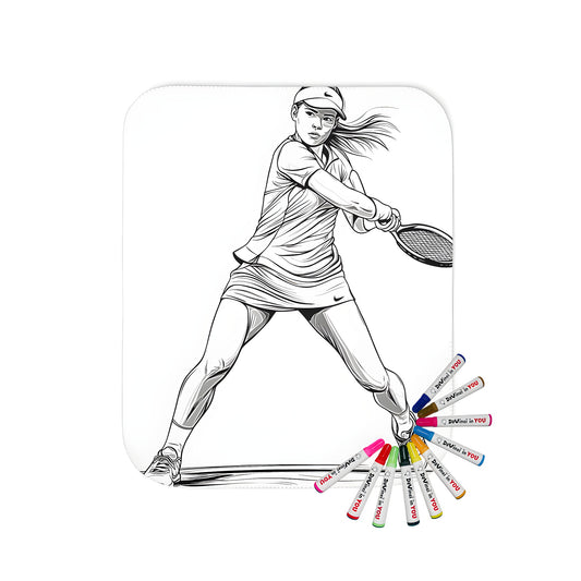 Blanket coloring kit with fabric markers, featuring a detailed black and white line drawing of a female tennis player in action, perfect for sports fans and tennis enthusiasts alike.