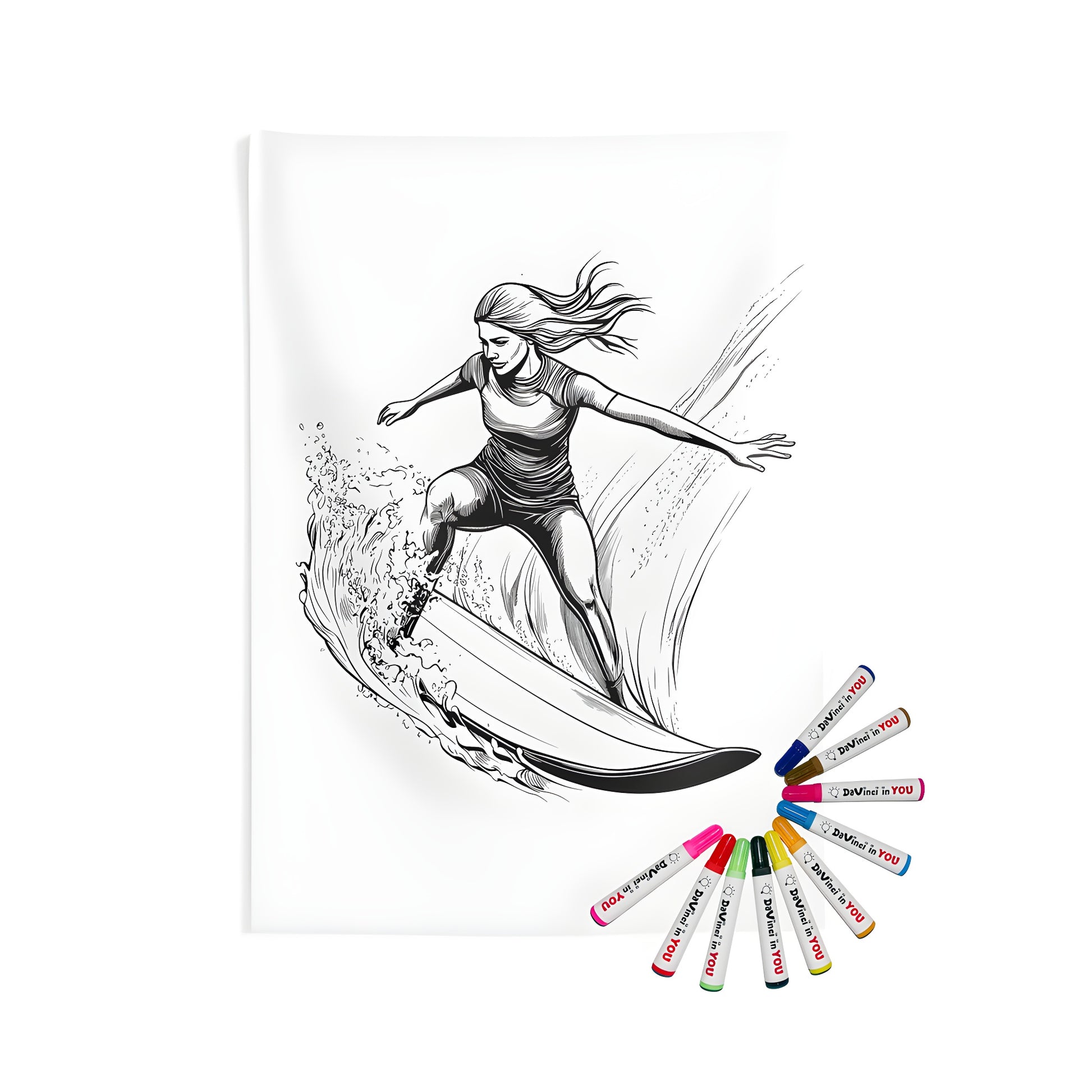 A beautiful Indoor Wall Tapestry featuring a vibrant female surfer riding a large wave, perfect for any beach-inspired home decor.