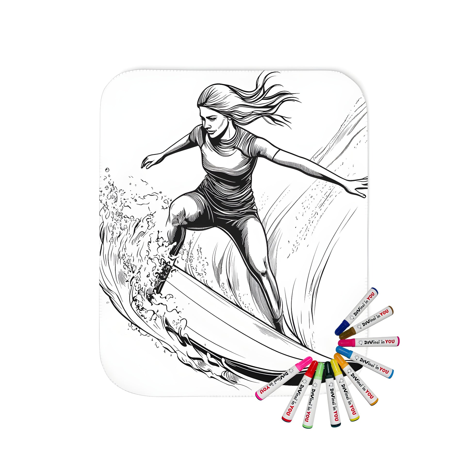 Colorful blanket with surfing design, perfect for surfers and beach lovers. Vibrant illustration of a female surfer riding a wave, detailed water splashes, and energetic colors.