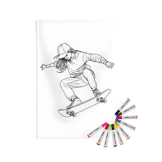 Indoor wall tapestry featuring a line drawing of a girl in a cap performing a mid-air skateboarding trick with dynamic movement. Perfect for any skateboarder or fan of the sport.