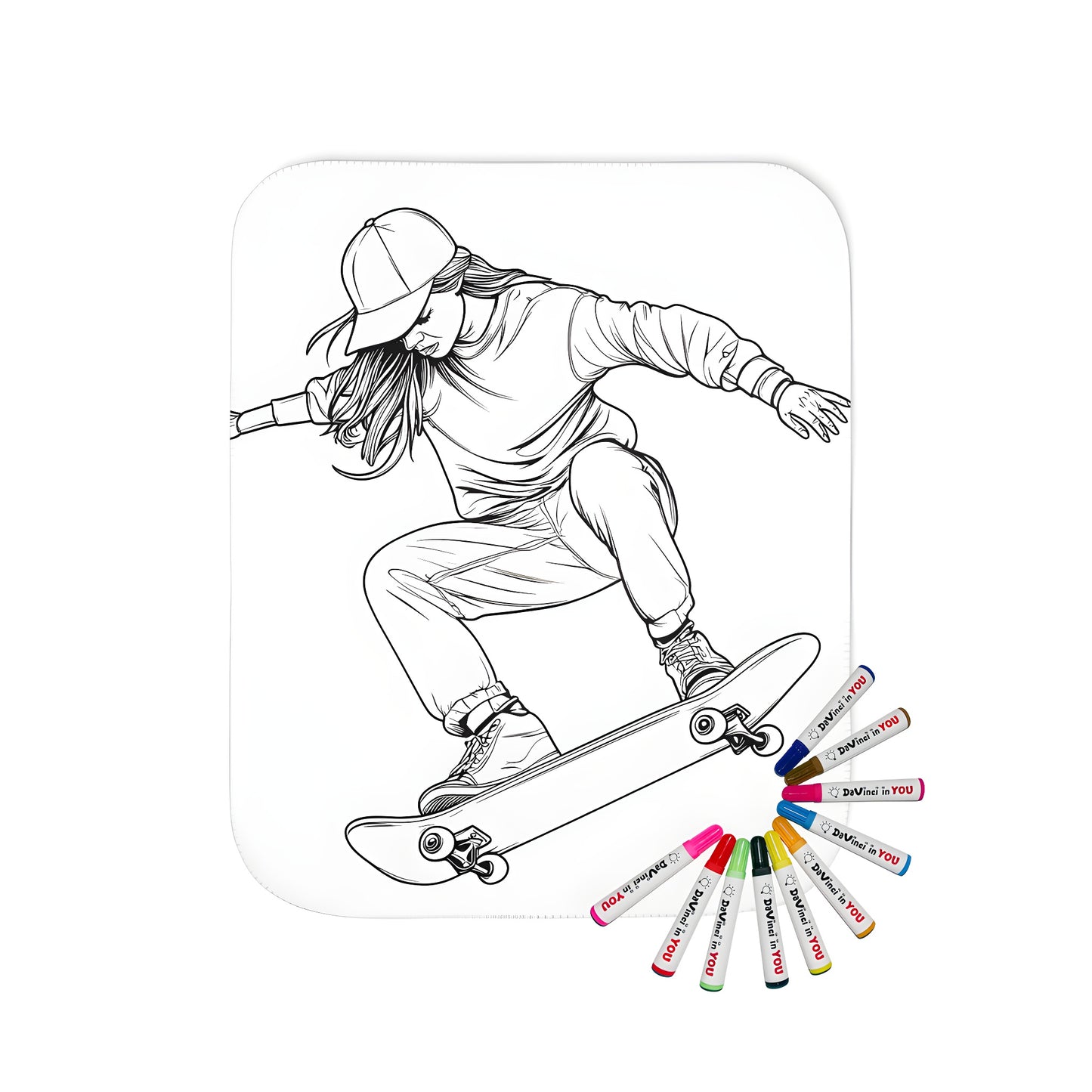 Blanket with fun coloring page design of girl performing a skateboard trick