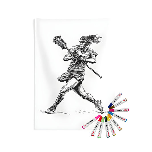 Indoor wall tapestries coloring kit featuring a monochrome illustration of a female lacrosse player in action