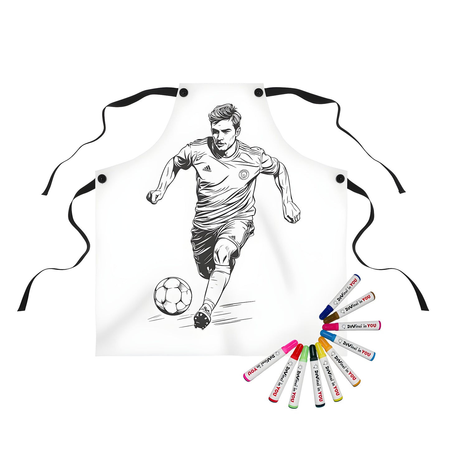 Colorful apron with vibrant soccer-themed artwork for kids and adults alike, perfect for football fanatics and sports enthusiasts who love soccer ball designs, featuring a black and white illustration of a running player in motion with a ball