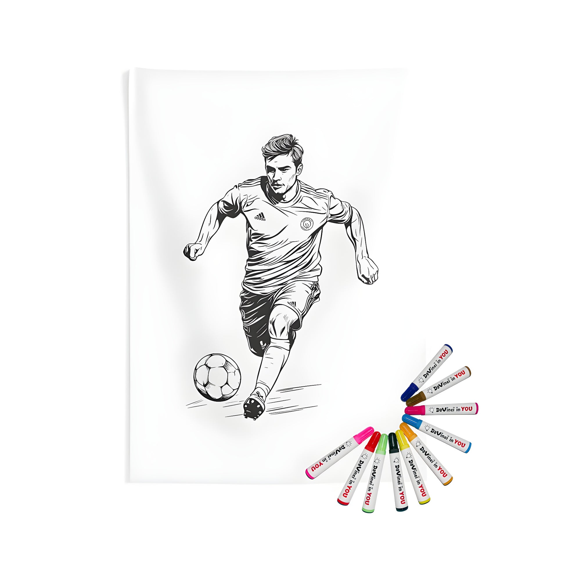 Indoor wall tapestry soccer fan decor, black and white illustration of a football player running with a ball