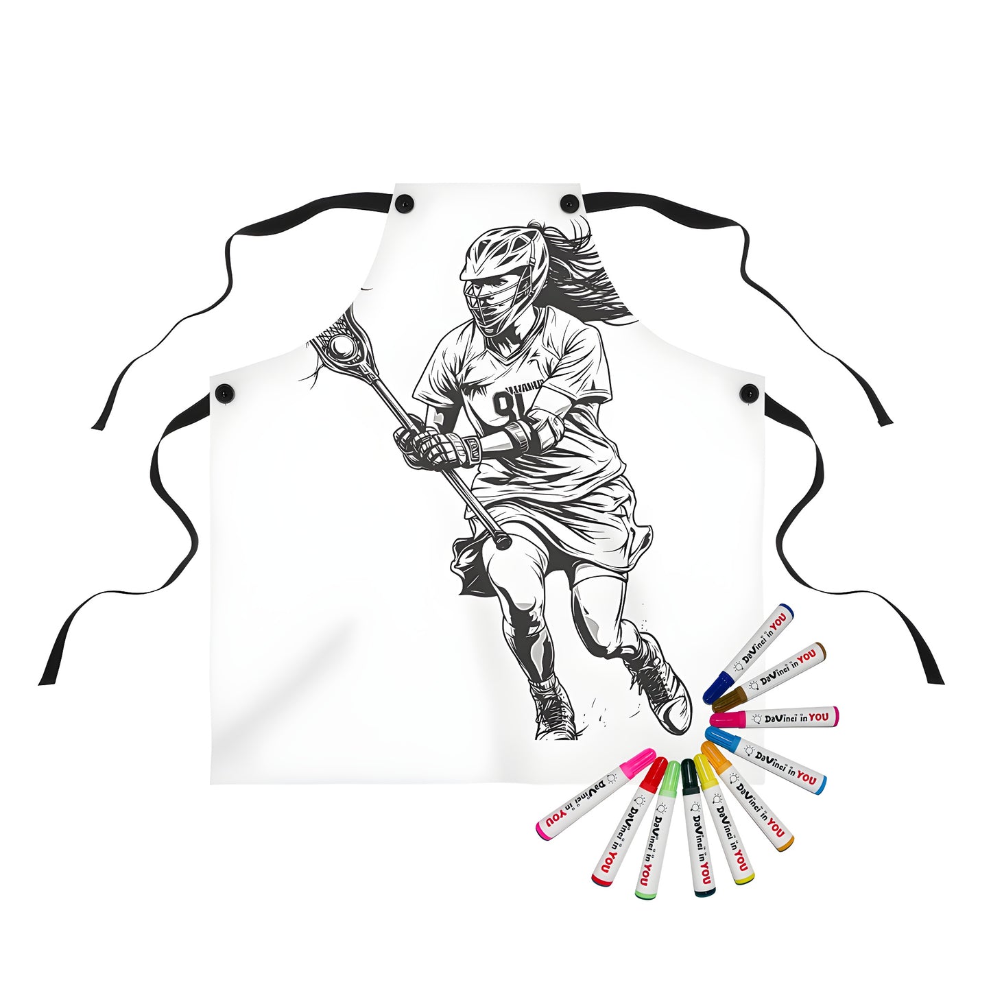 Colorful apron with a fun black and white lacrosse illustration, perfect for sports enthusiasts and fans of field hockey and stickball