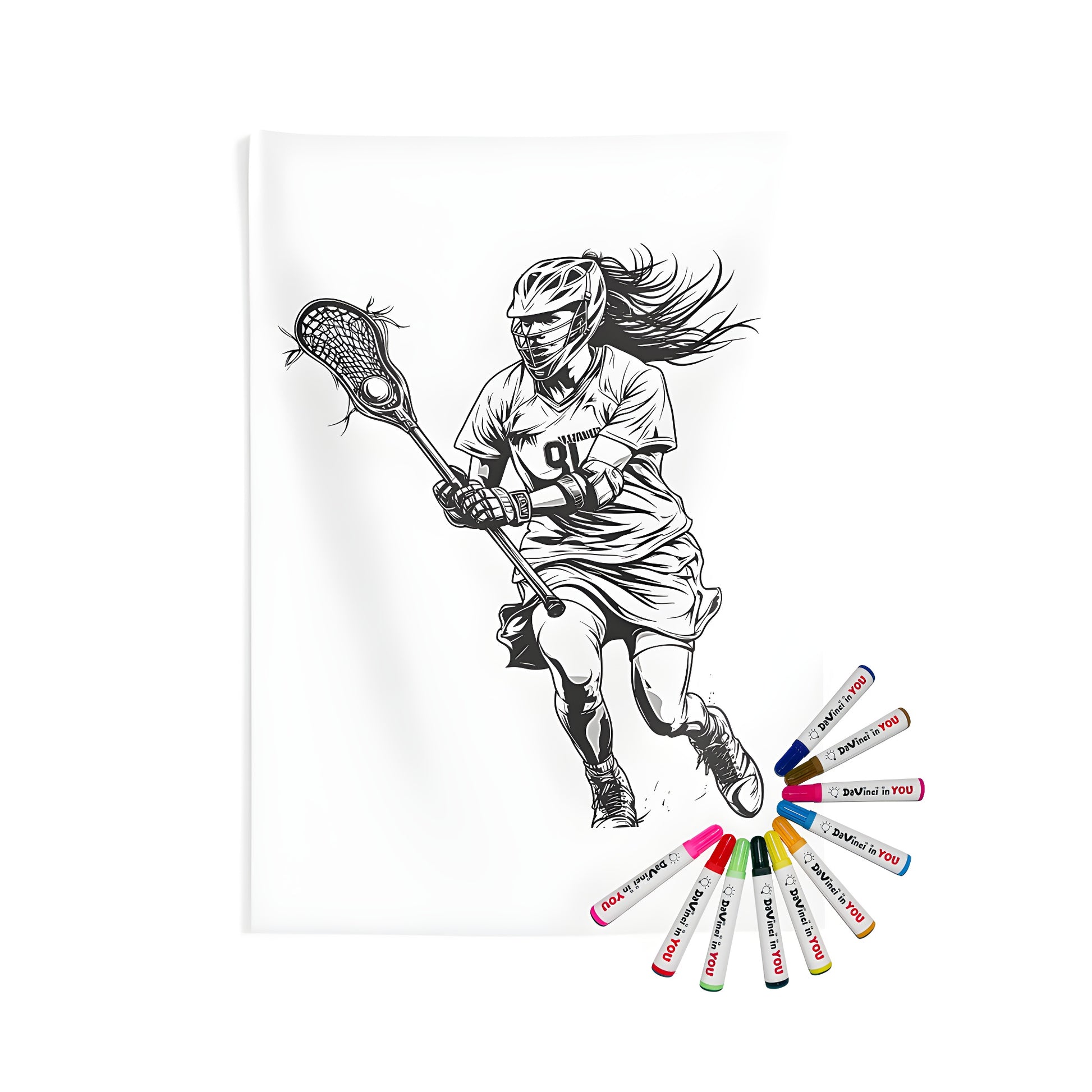 Coloring kit for indoor wall tapestries featuring a black and white illustration of a female lacrosse player in action, with dynamic movement and sports gear, ideal for fans of women's field hockey, stickball, or cradles