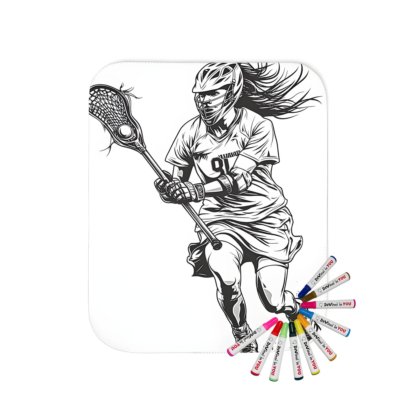 Colorful blanket with a vibrant illustration of a female lacrosse player in action, featuring dynamic movement and sports gear - perfect for bedroom decor or game day spirit