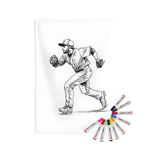 Baseball themed Indoor Wall Tapestry with colorful illustrations of a pitcher running, featuring a glove and baseball uniform. Perfect for baseball enthusiasts.