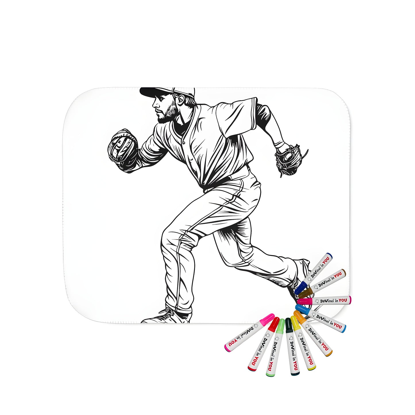 A cozy blanket featuring a black and white illustration of a baseball pitcher running, complete with a glove on one hand and dressed in a classic baseball uniform. Perfect for baseball fans and stadium goers alike.