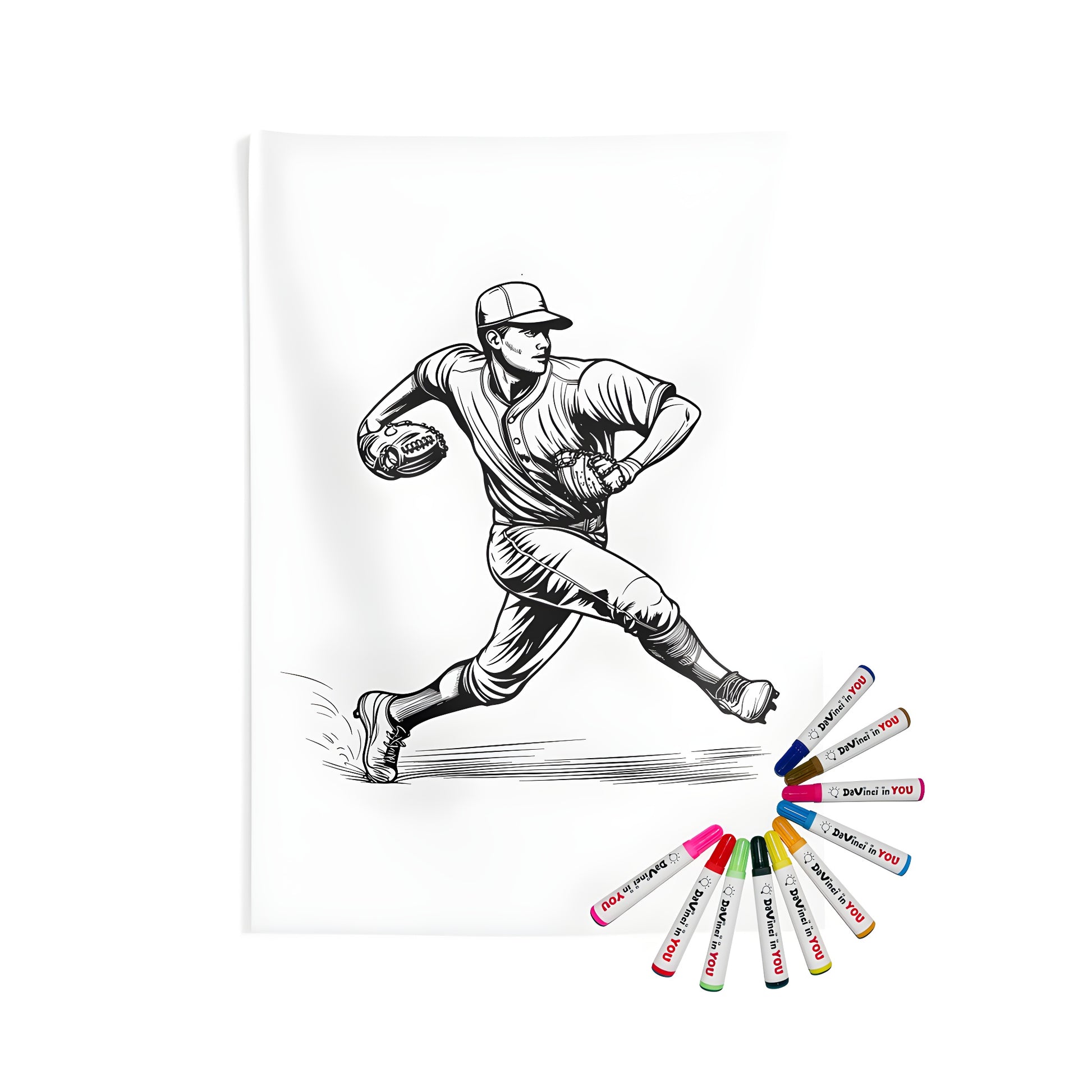 Coloring kit for indoor wall tapestries featuring a black and white baseball pitcher illustration