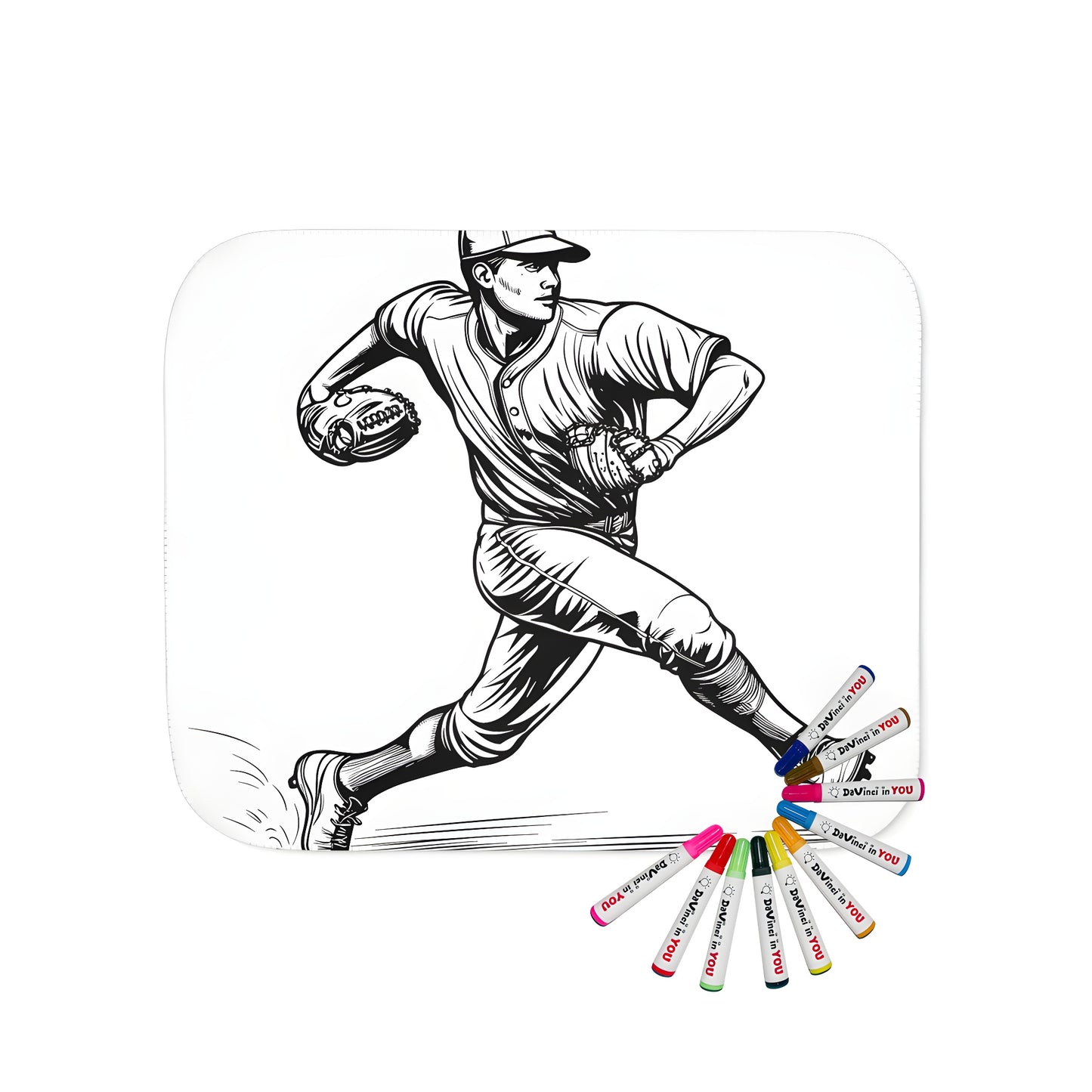 Blanket with a baseball-themed design featuring black and white artwork of a pitcher in mid-action