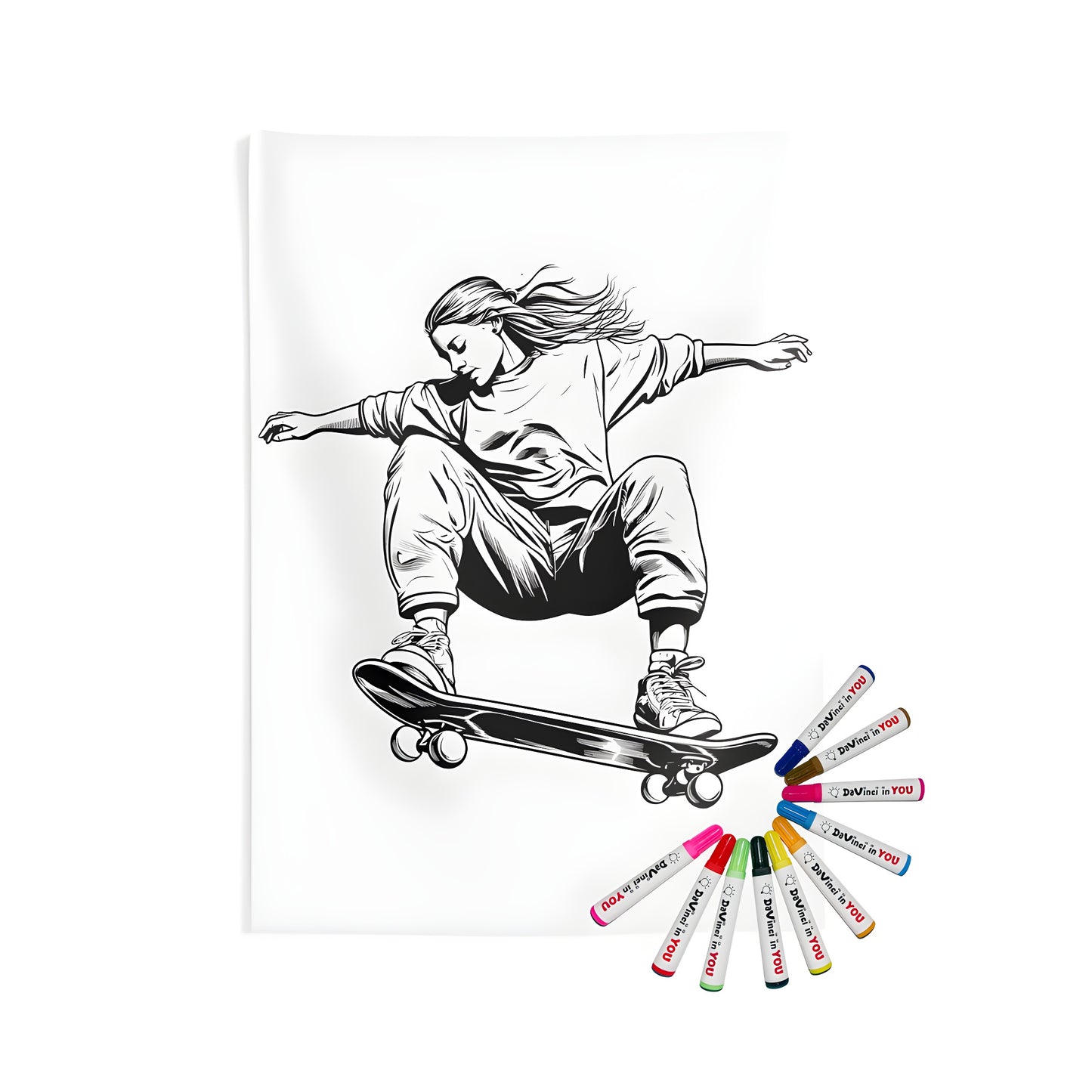 Indoor wall tapestries featuring a girl mid-jump on a skateboard, vibrant coloring kit included, perfect for skate enthusiasts and fans of action sports