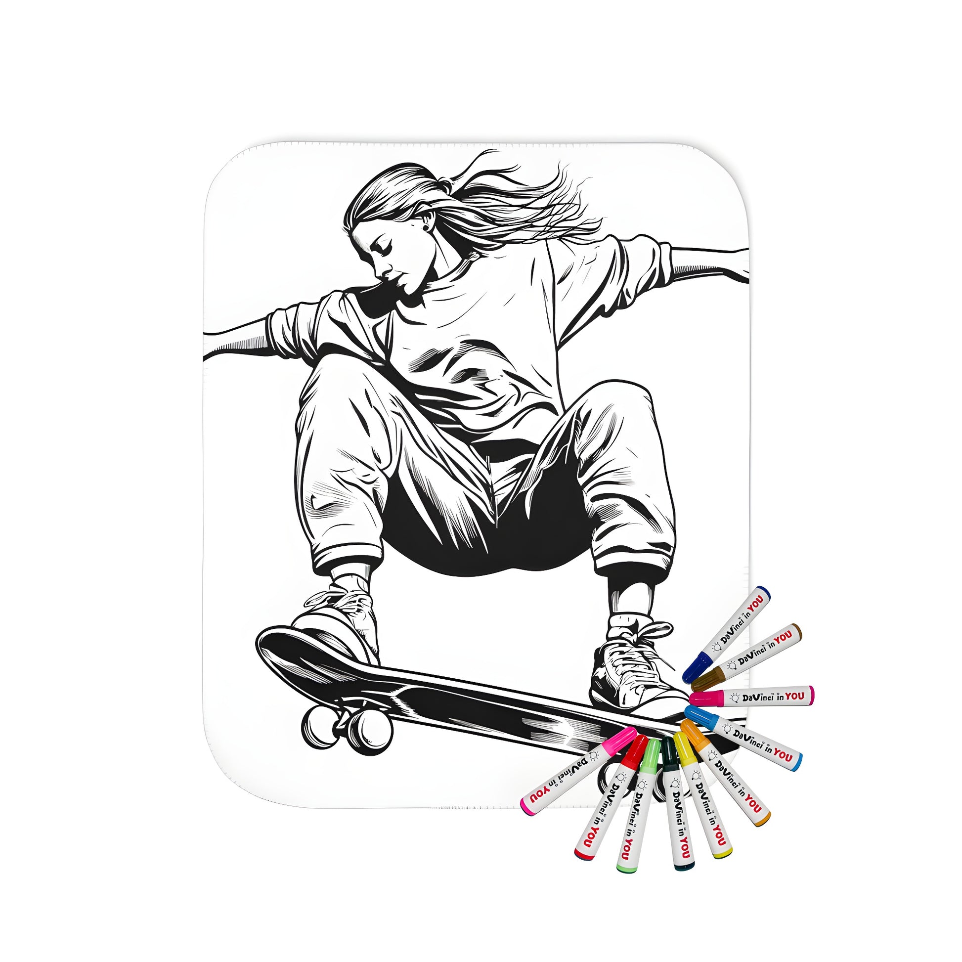 Girl skateboarding illustration blanket with vibrant colors, featuring dynamic movement and youthful energy