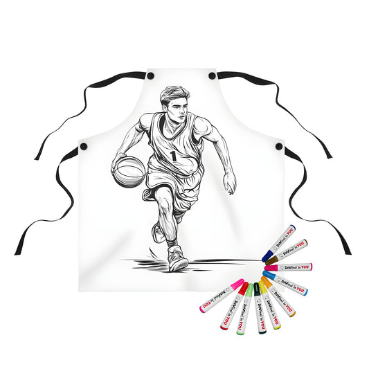 Colorful apron featuring a black and white illustration of a basketball player wearing jersey number 1 dribbling a ball in a fun and creative design