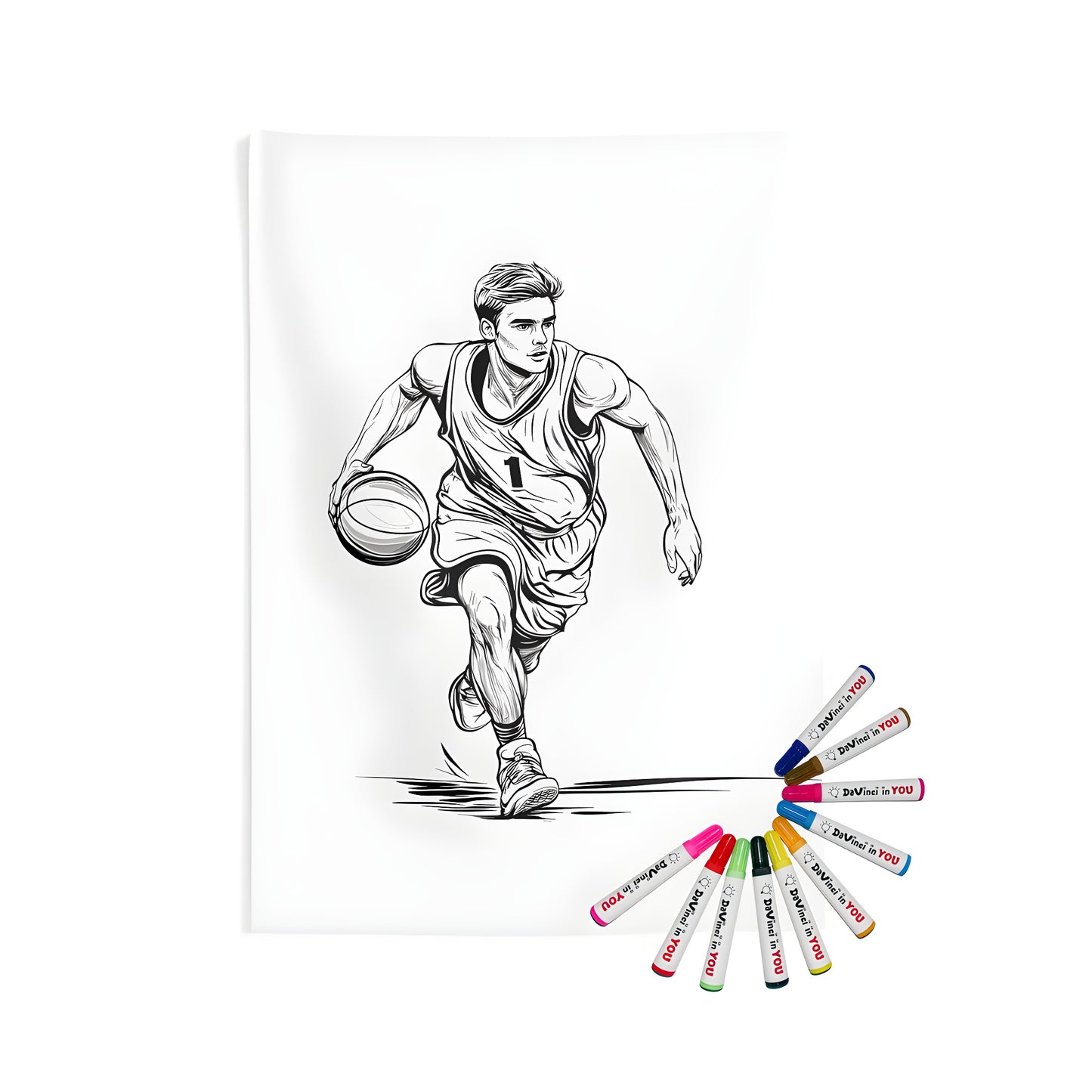 Indoor wall tapestries coloring kit with fabric markers, featuring a basketball player illustration in black and white, dribbling ball, sports art, home decor