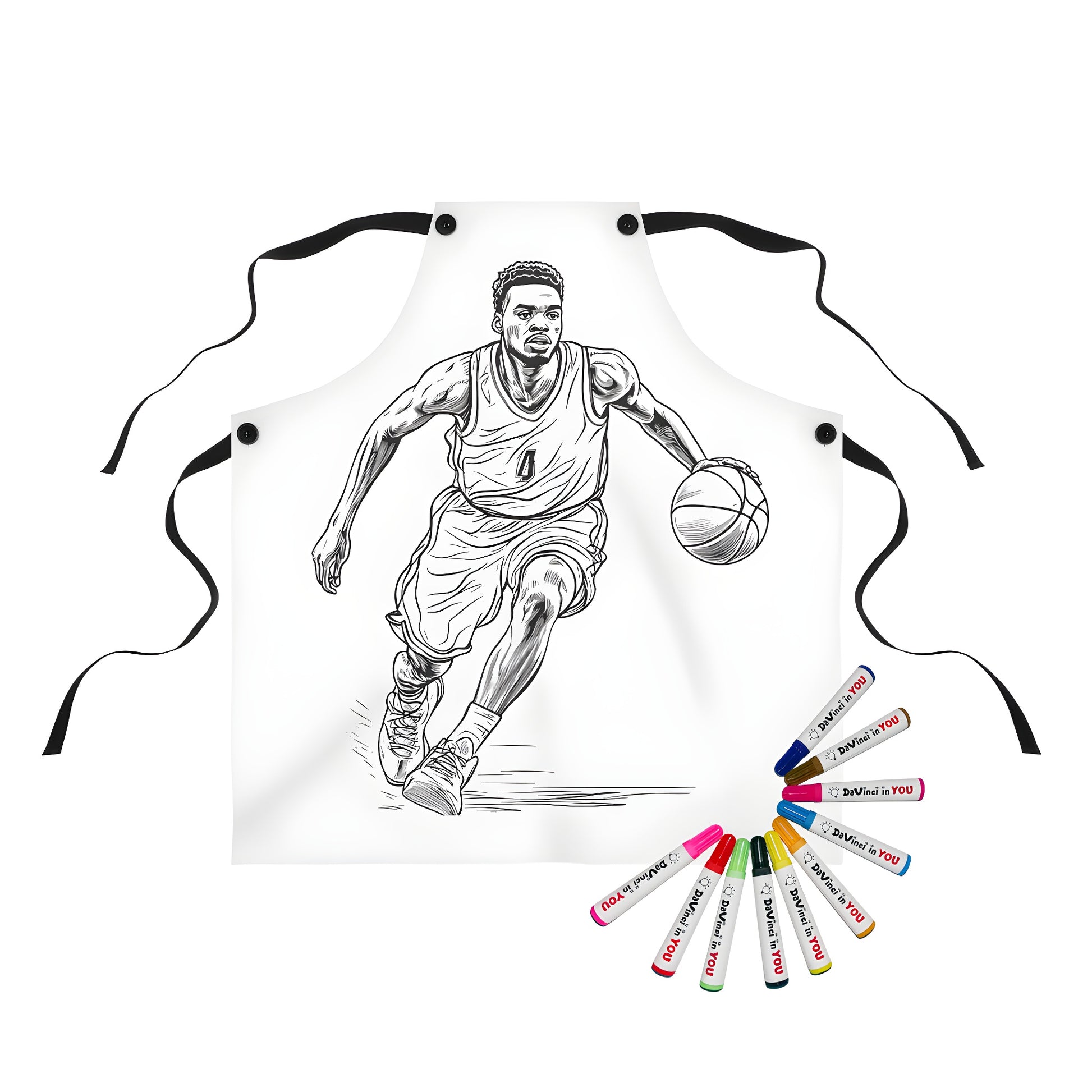 Apron with a Black-and-white illustration of a basketball player in action, dribbling the ball while running - Fun coloring kit accessory