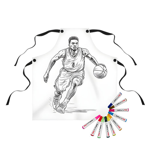 Apron with a Black-and-white illustration of a basketball player in action, dribbling the ball while running - Fun coloring kit accessory