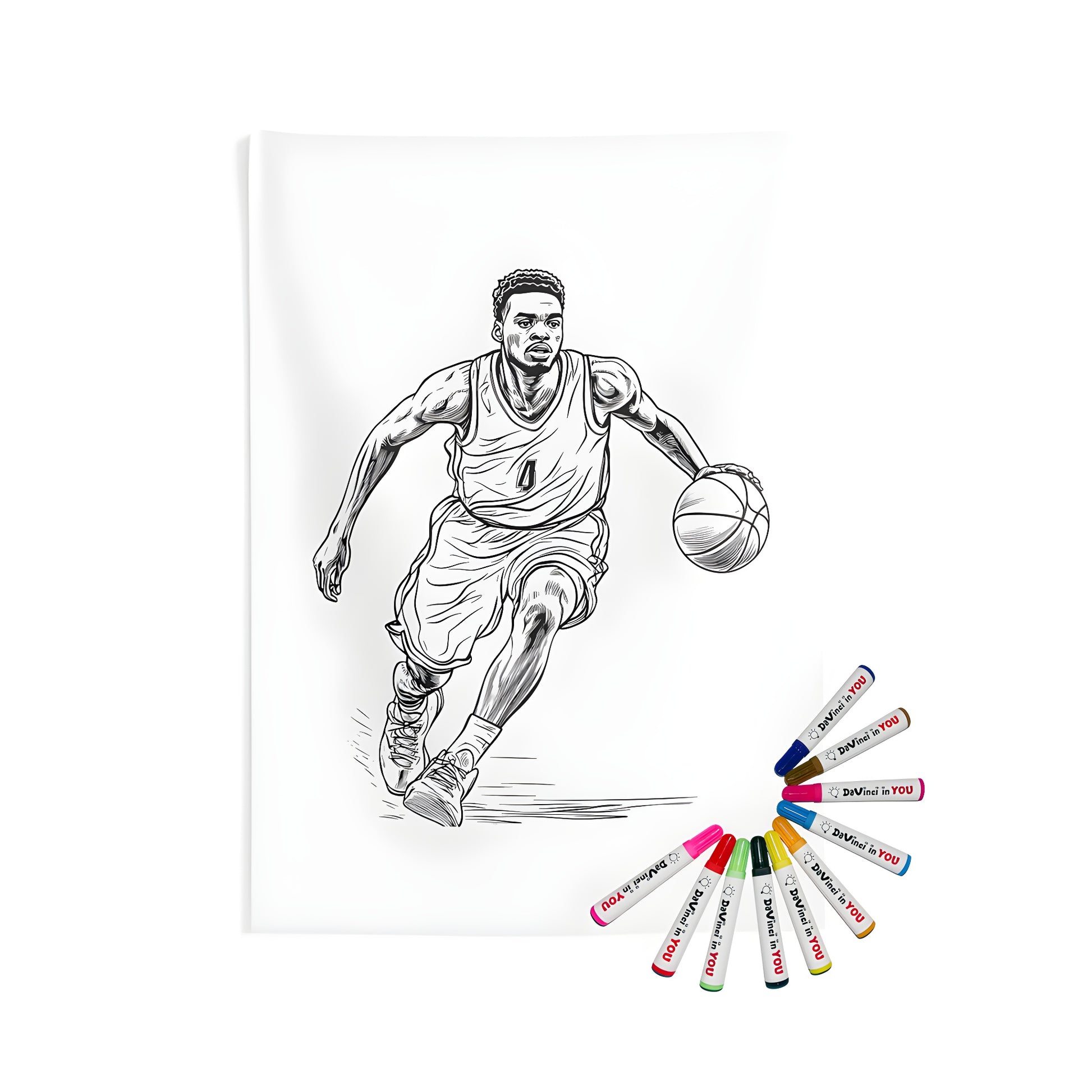 Coloring kit for indoor wall tapestries featuring a black-and-white illustration of a basketball player in action