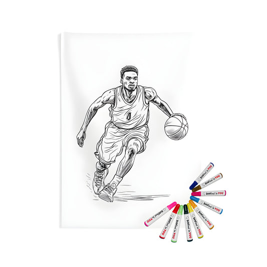 Coloring kit for indoor wall tapestries featuring a black-and-white illustration of a basketball player in action