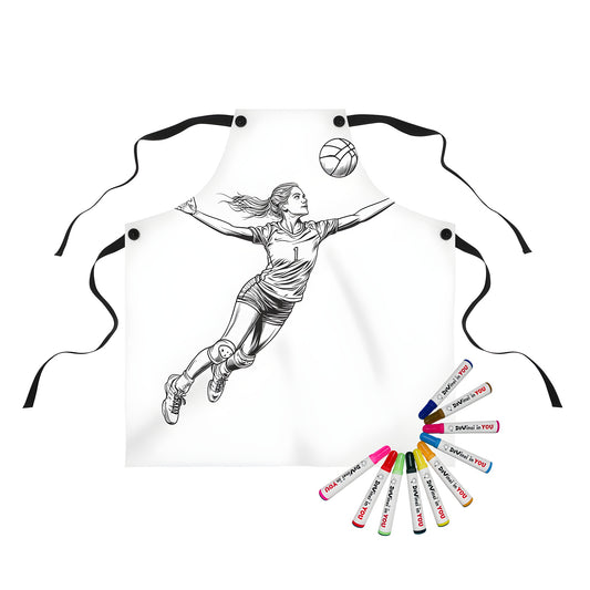 A vibrant apron designed with an engaging black and white illustration of a volleyball player in mid-air, ready to spike the ball, perfect for sports enthusiasts