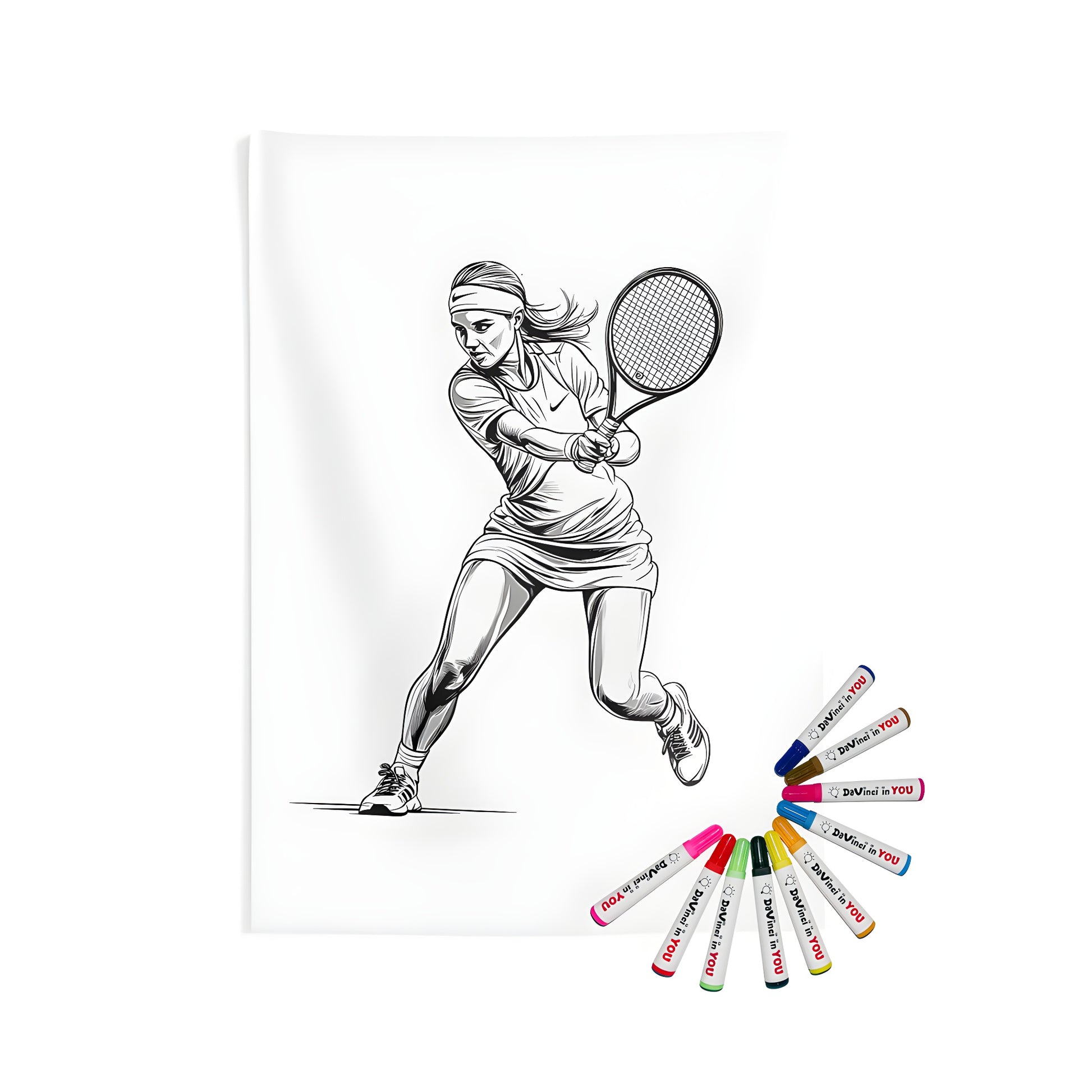 Indoor wall tapestry design inspired by a monochrome illustration of a female player swinging a tennis racket. Perfect for sports enthusiasts and fans of tennis-themed decor.