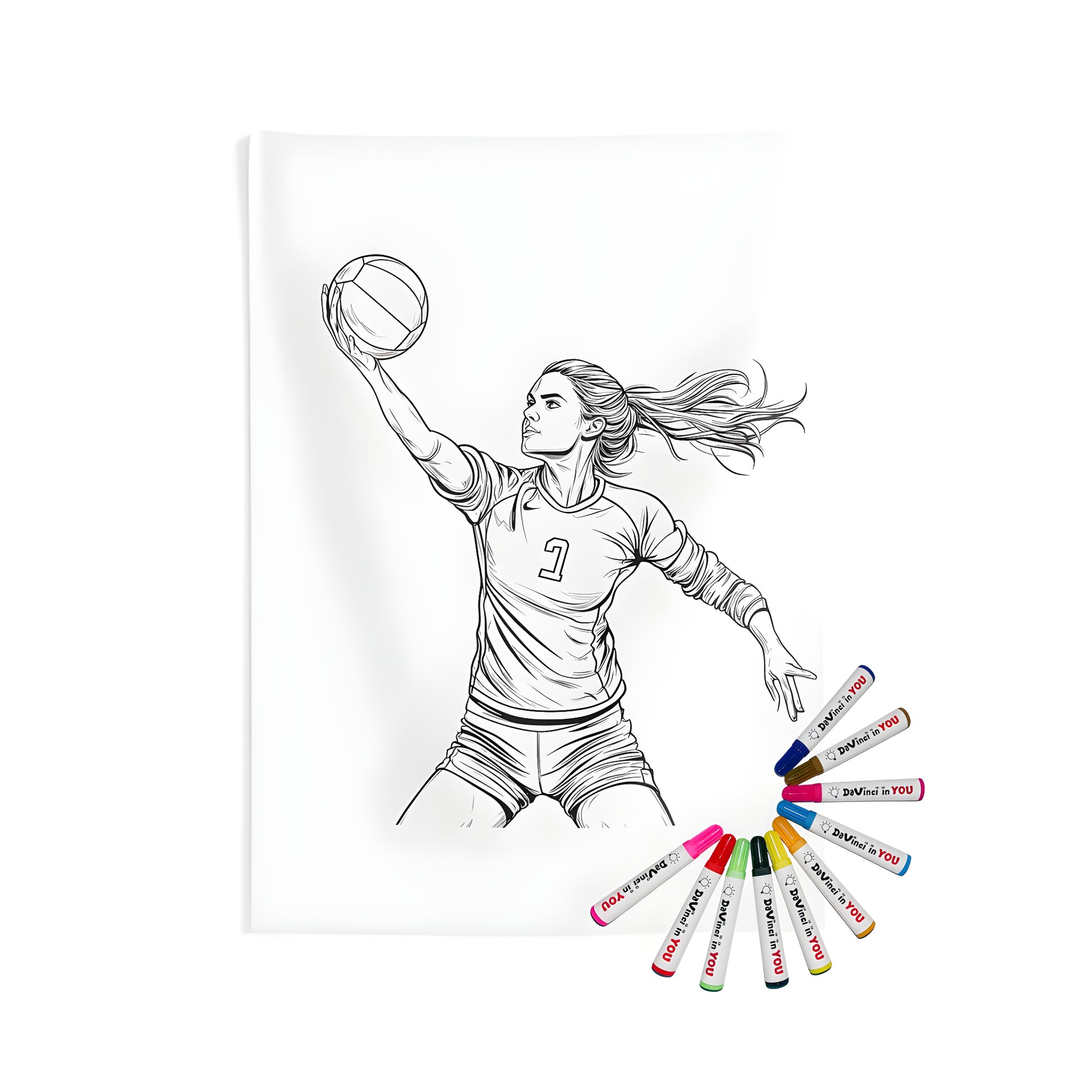 Indoor wall tapestries of volleyball player hitting ball, vibrant indoor decor art with fabric markers