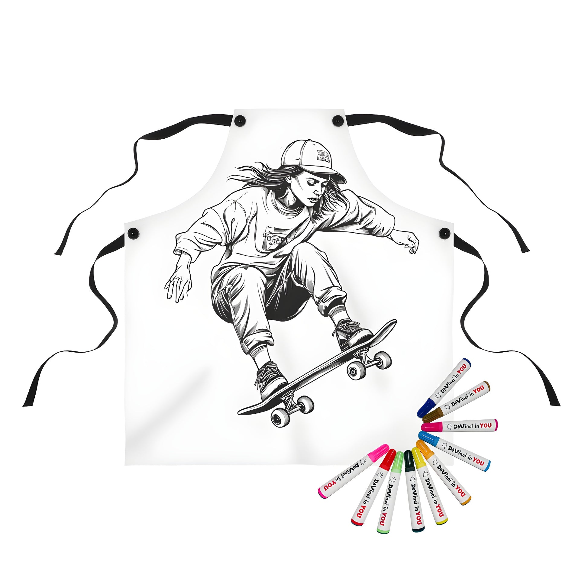 Apron with colorful streetwear girl performing trick on skateboard