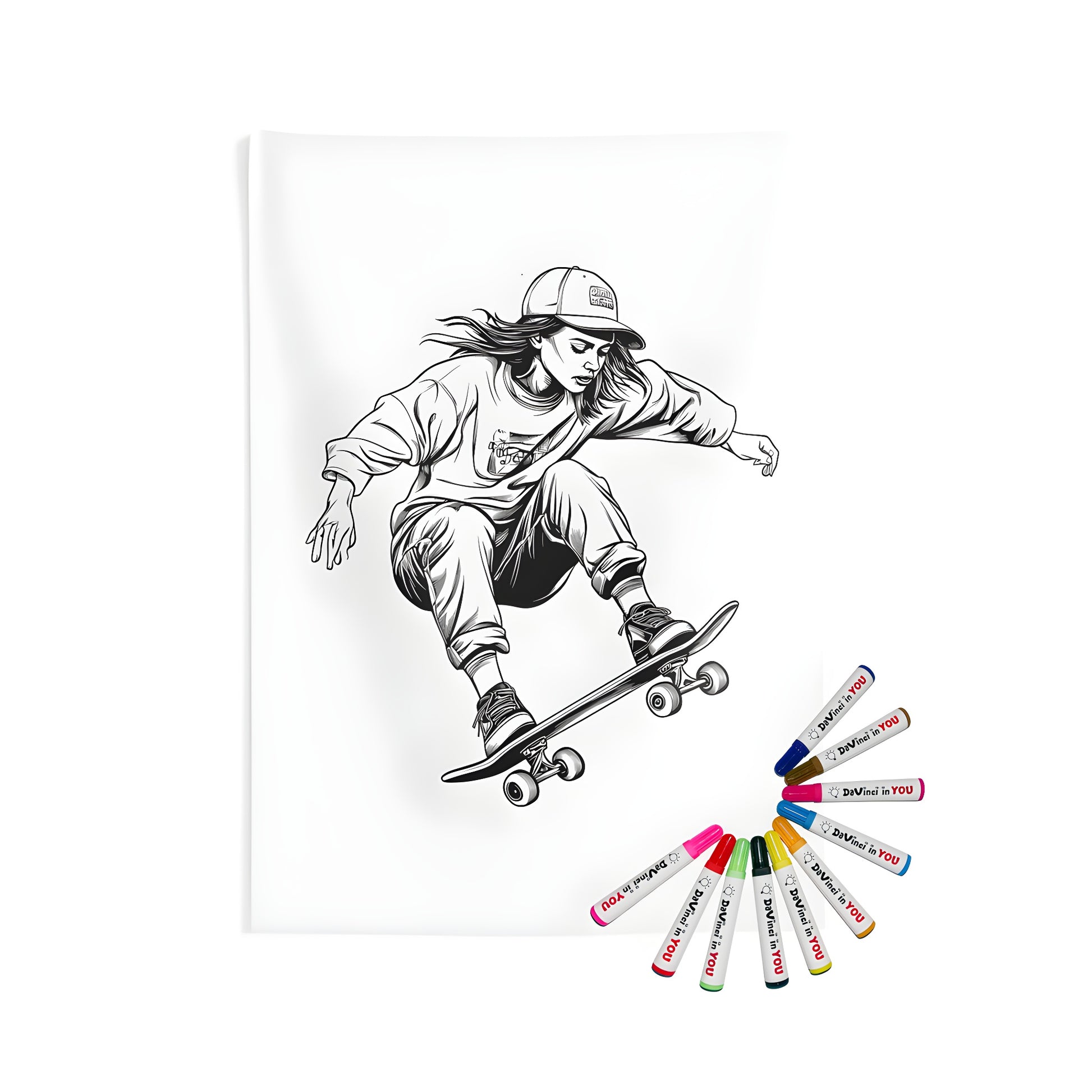 Girl performing a high jump trick on a skateboard print, detailed indoor wall tapestry, street wear fashion design