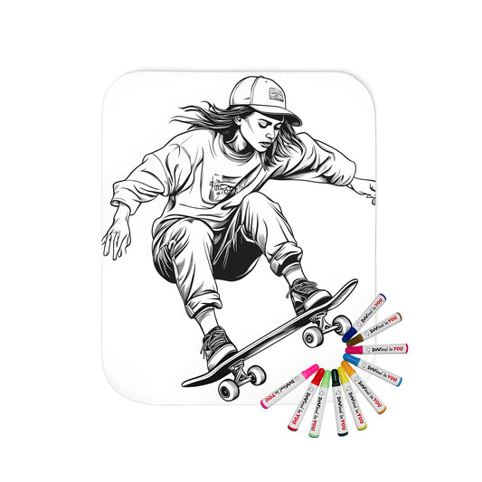 A vibrant blanket featuring a street wear girl performing an impressive skateboard trick