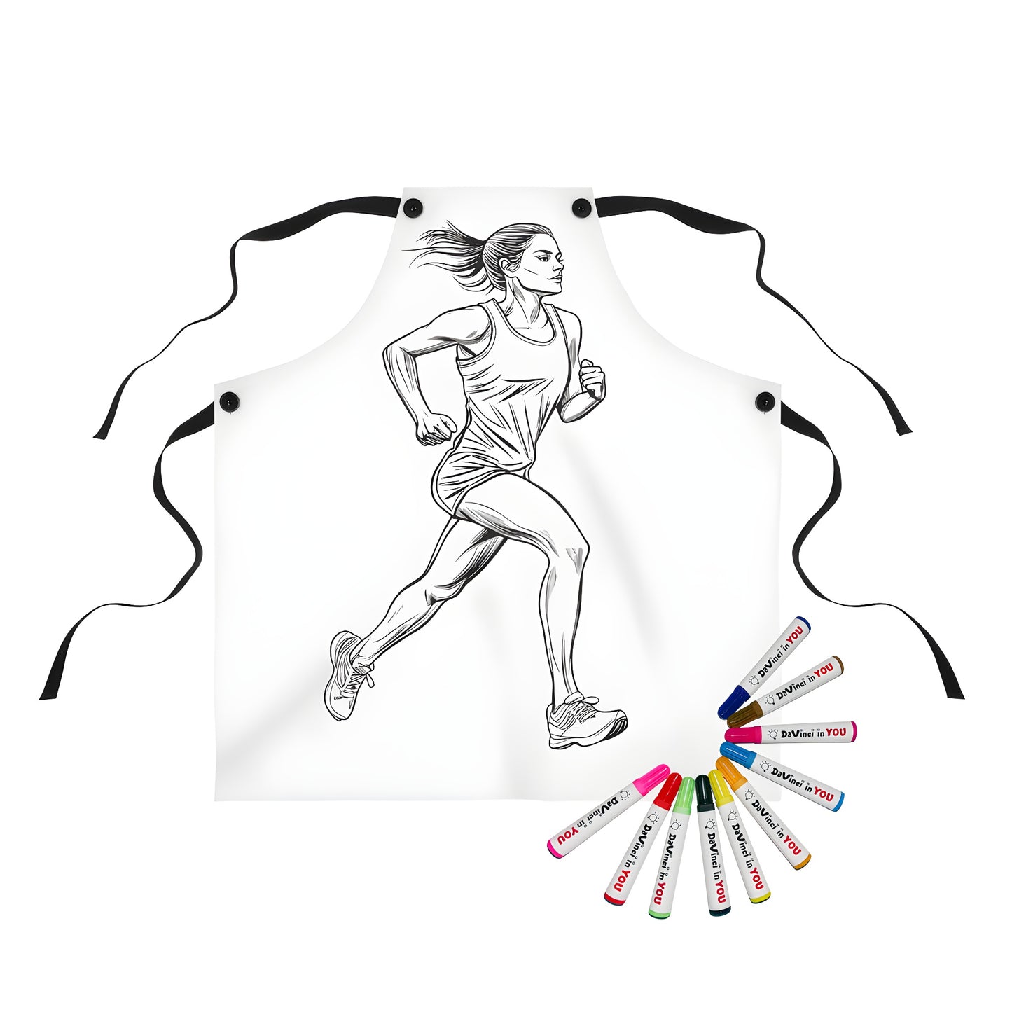 Apron with vibrant coloring page design of a woman sprinting, jogging, or going for a run