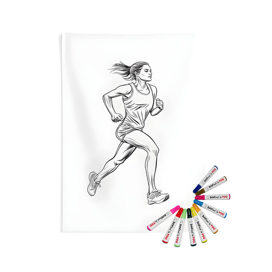 Indoor wall tapestry featuring vibrant, detailed artwork of a determined female athlete running. Perfect for fans of fitness and sports.