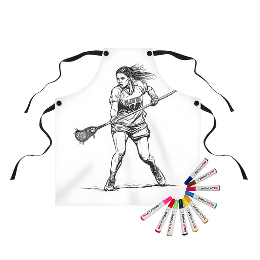 Detailed drawing of a girl playing lacrosse, colorful apron design, customizable fabric markers