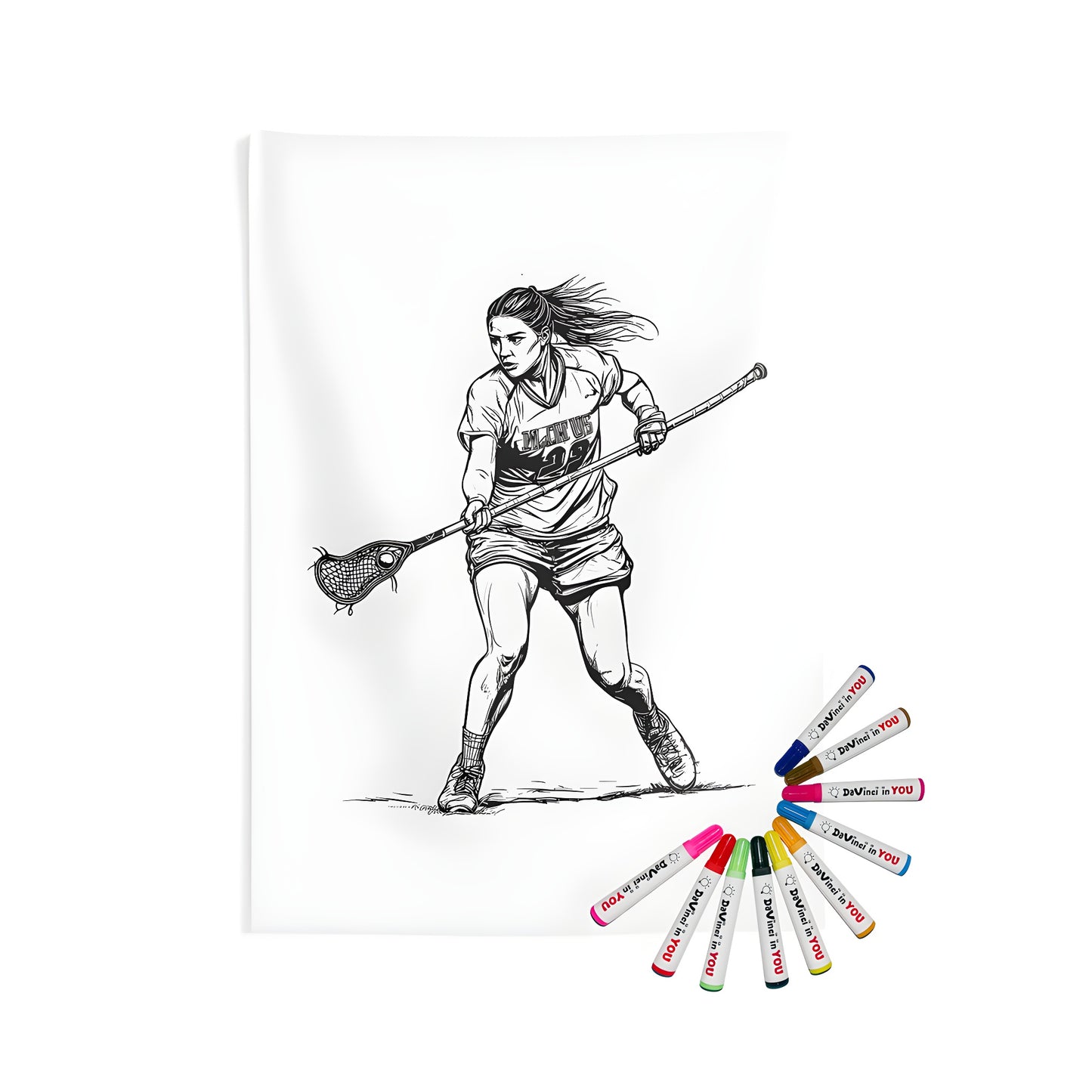 Wall tapestry featuring an indoor sports design of a female lacrosse player in action, perfect for gym enthusiasts and fans of women's sports