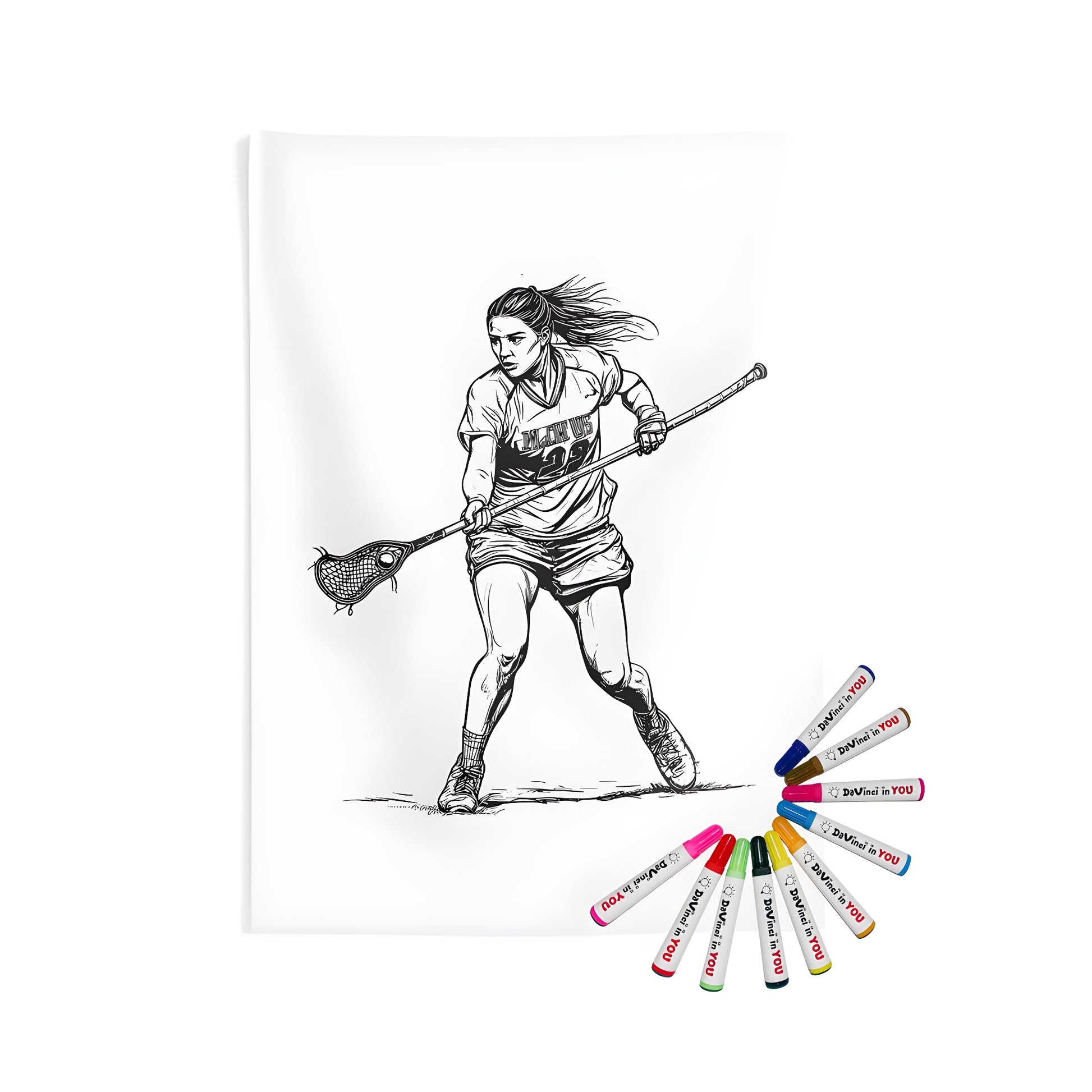 Wall tapestry featuring an indoor sports design of a female lacrosse player in action, perfect for gym enthusiasts and fans of women's sports