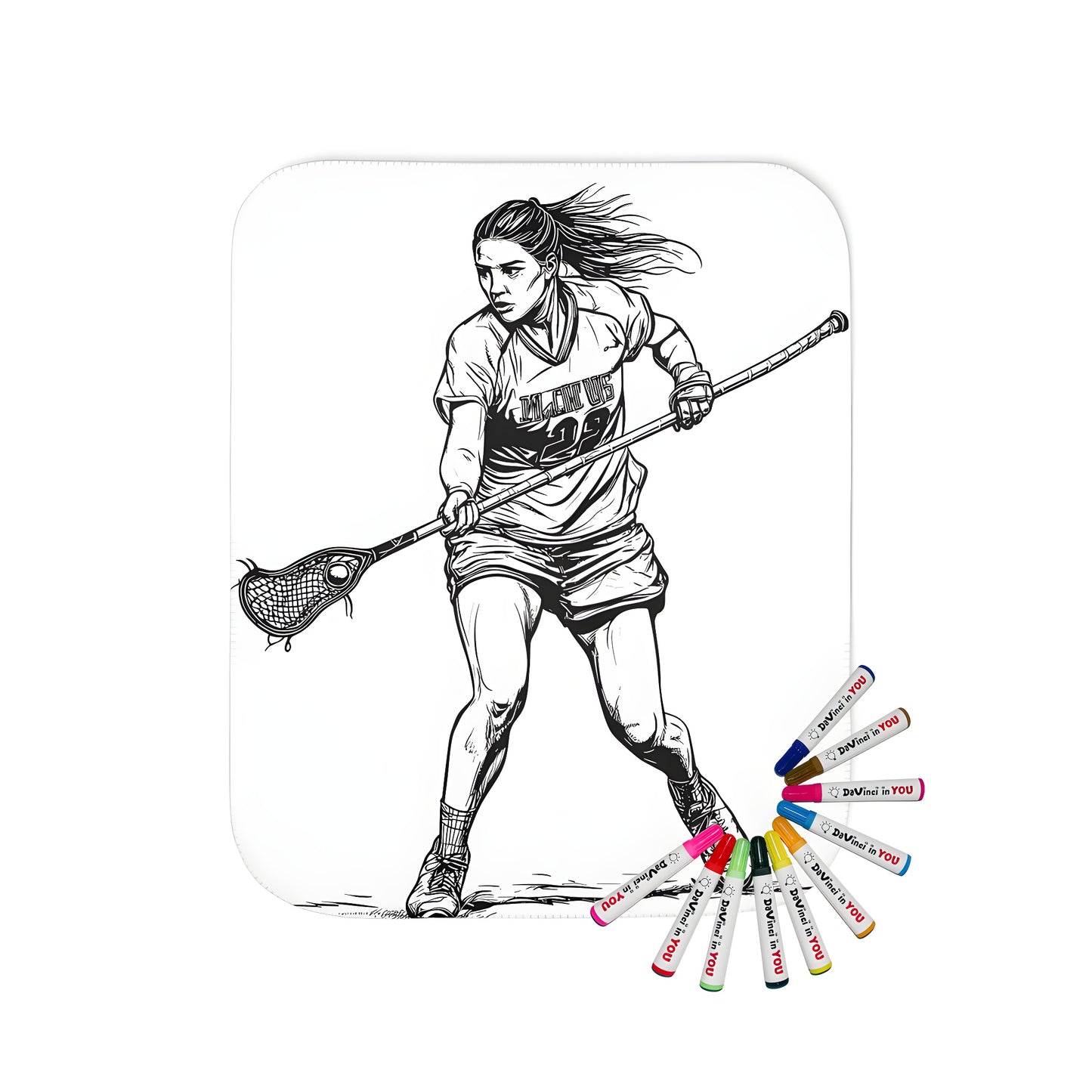 Blanket featuring a colorful illustration of a female lacrosse player in mid-action