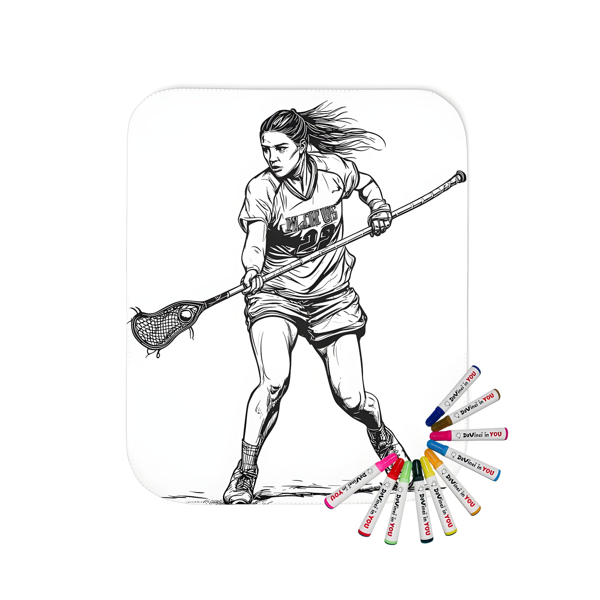 Blanket featuring a colorful illustration of a female lacrosse player in mid-action