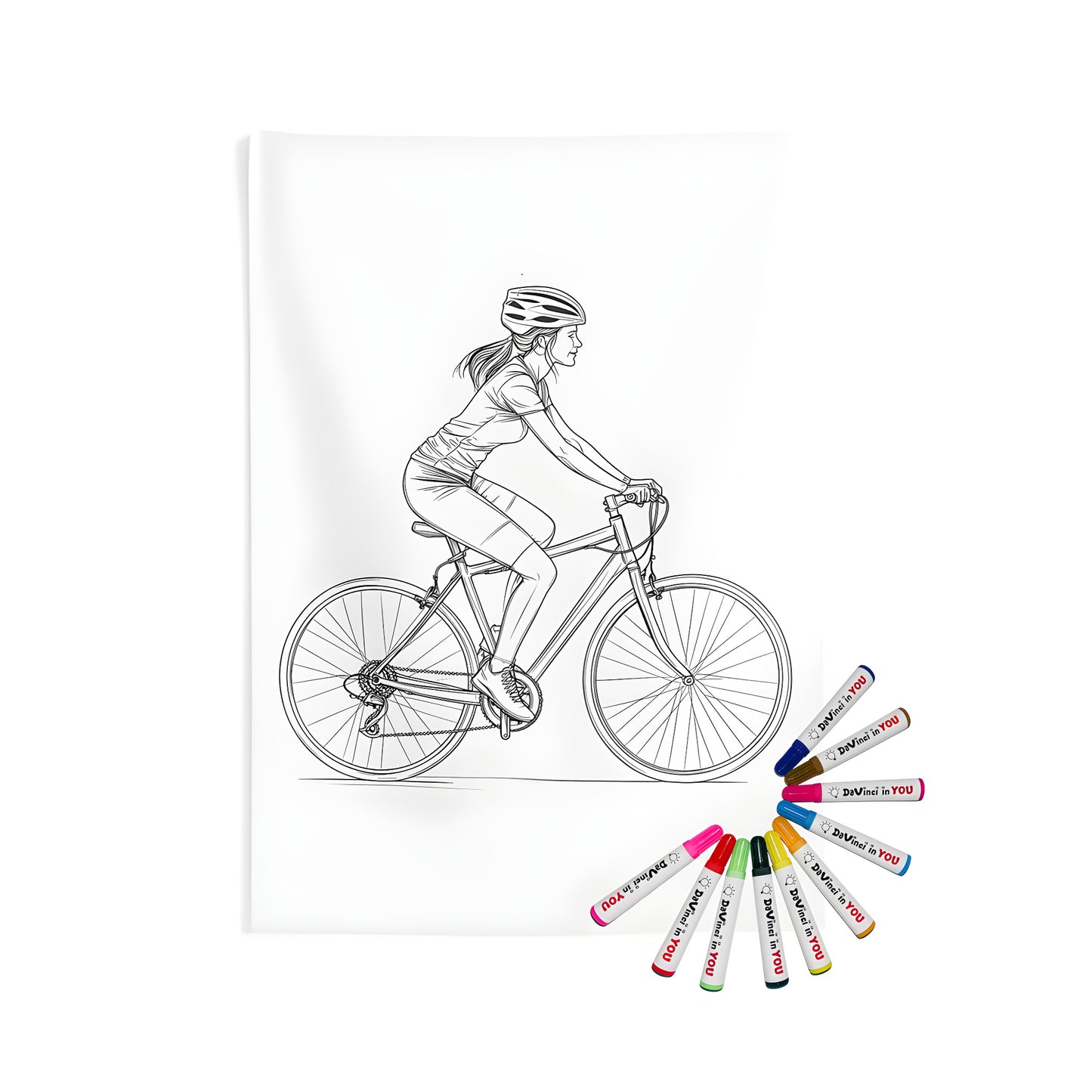 Indoor wall tapestry art of a woman cycling with a colorful bike