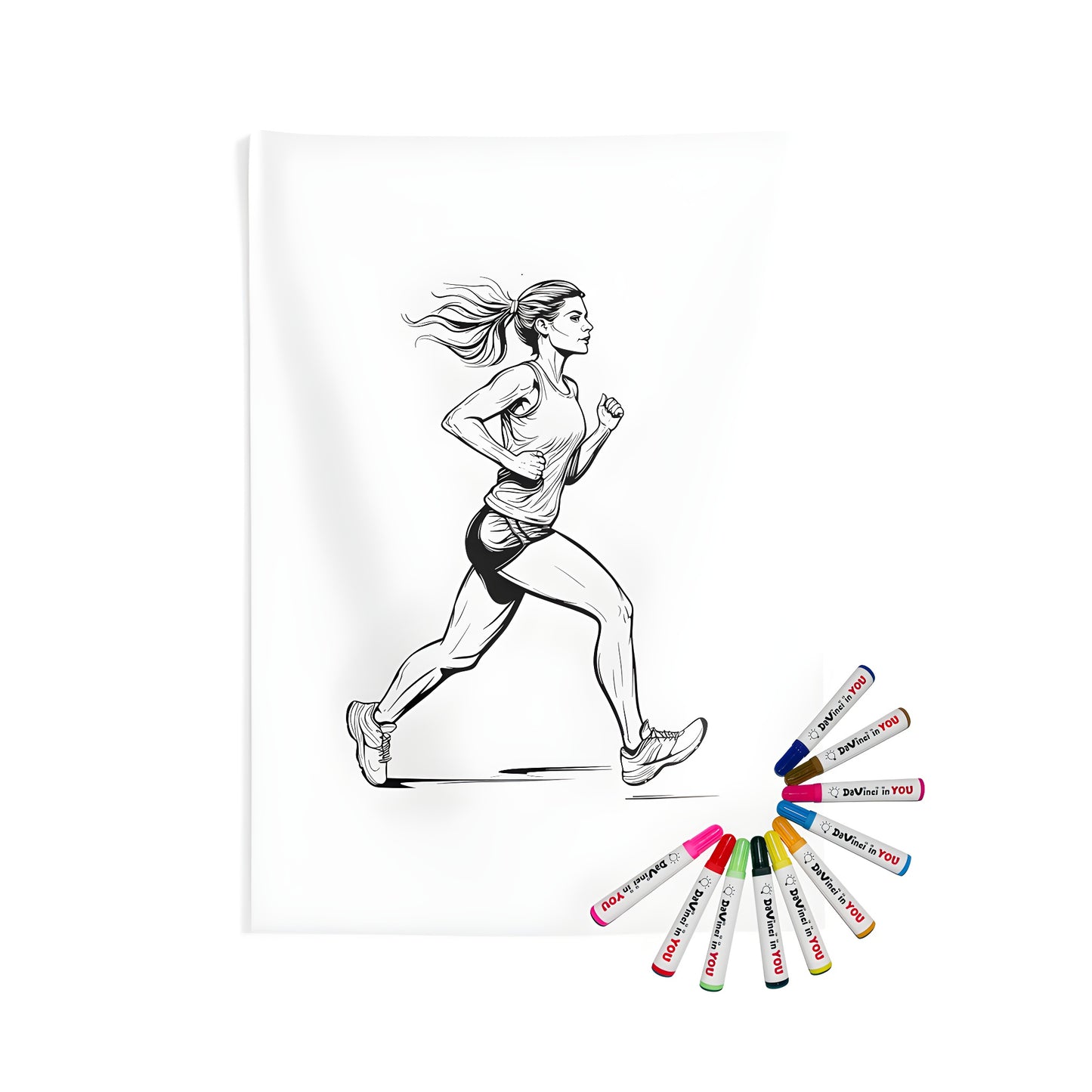 Coloring page illustration of a woman runner, female athlete, joggeress, lady sprinter, girl marathon runner - Indoor Wall Tapestries with Black and white design