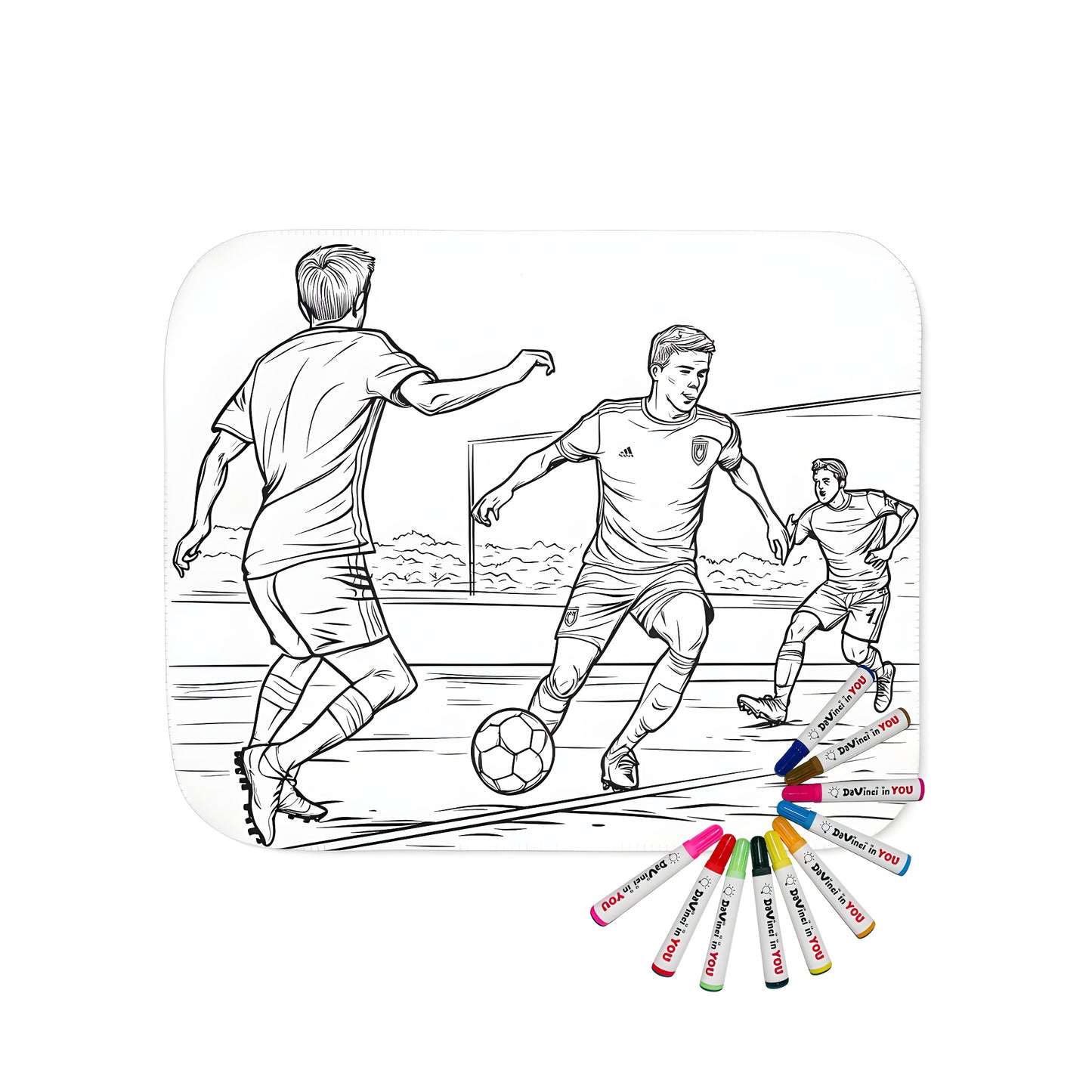 Cozy blanket with vibrant coloring page design of soccer game scene, featuring soccer ball and excited soccer players