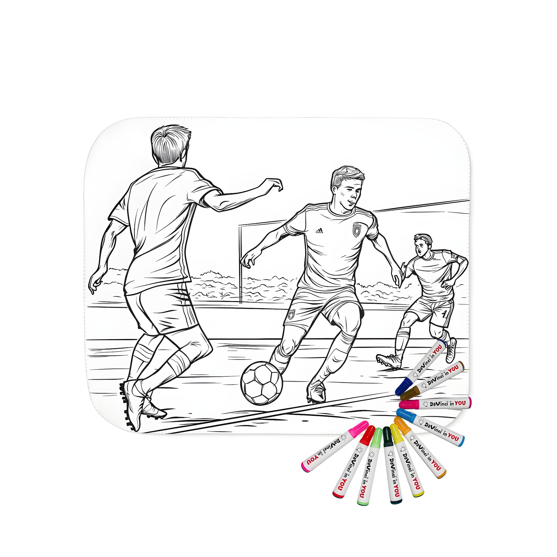 Cozy blanket with vibrant coloring page design of soccer game scene, featuring soccer ball and excited soccer players