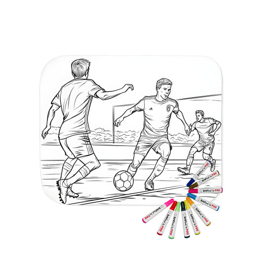 Cozy blanket with vibrant coloring page design of soccer game scene, featuring soccer ball and excited soccer players