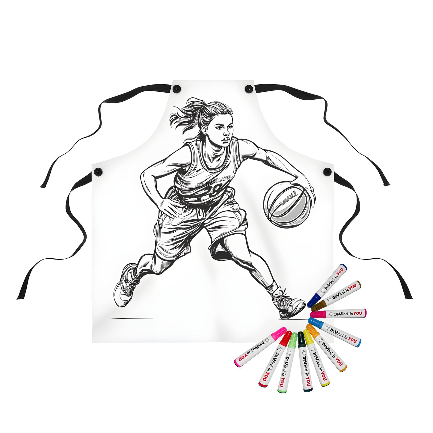 Colorful apron with a vibrant basketball-themed design featuring a female player dribbling a ball