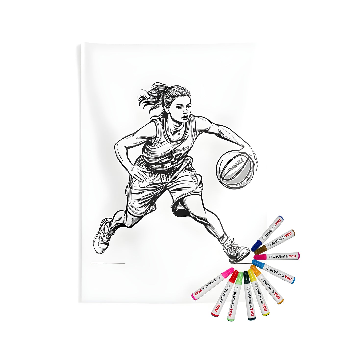 Basketball girl wall tapestry, indoor sports decor, basketball themed artwork