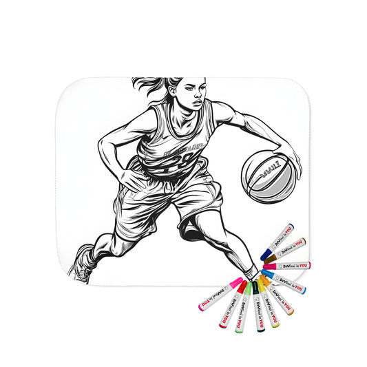 Cozy blanket featuring a vibrant basketball-themed illustration of a female player dribbling a ball