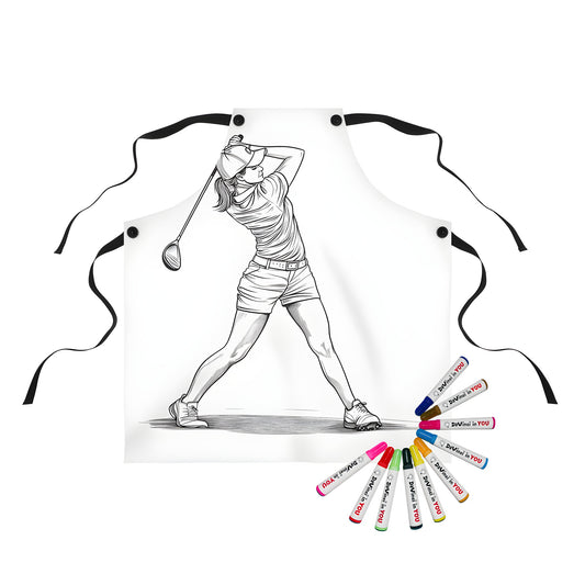 Coloring apron featuring a detailed illustration of a woman golfer swinging a club