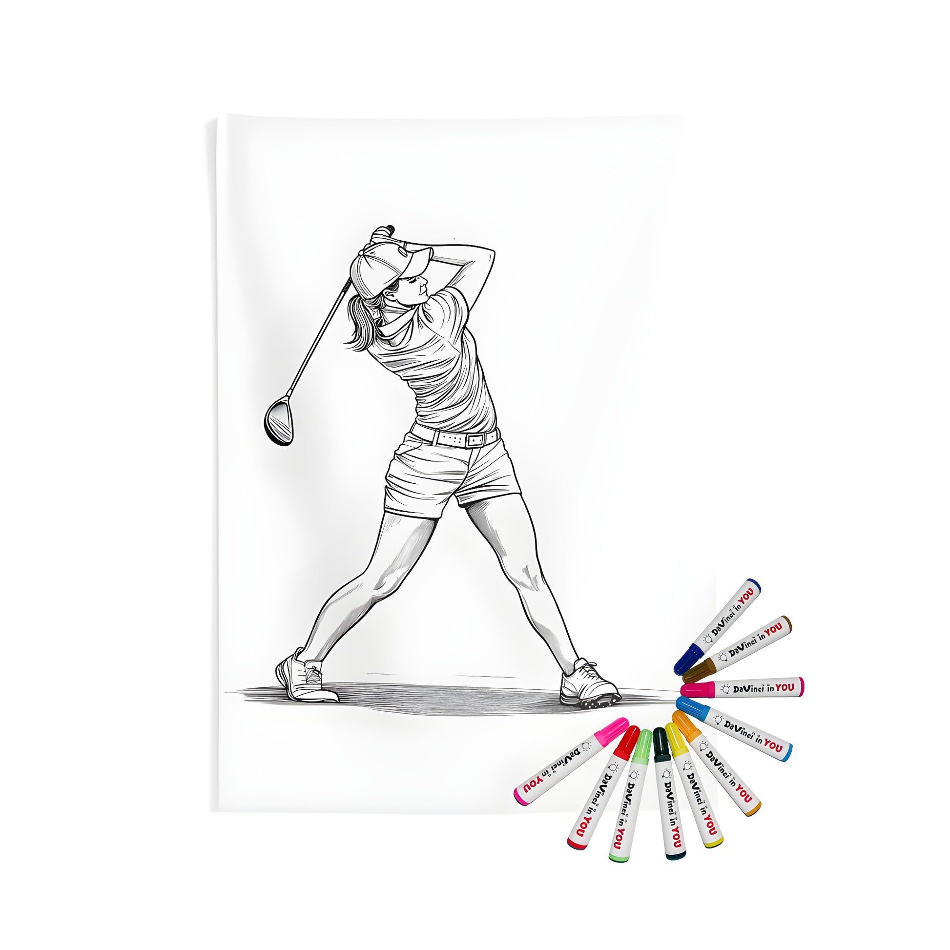 Indoor wall tapestry featuring a detailed black-and-white illustration of a female golfer in mid-swing, wearing a cap and athletic outfit. Indoor decor for home or office with golf-inspired design.