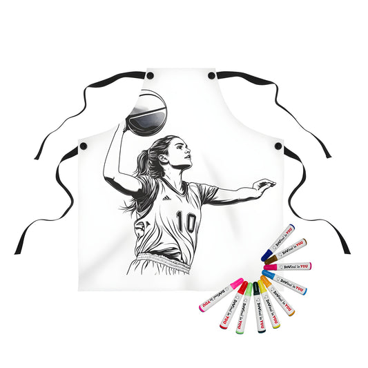 Apron with fun coloring page design of a female basketball player in mid-action, holding a ball above her head, includes fabric markers for creative expression.